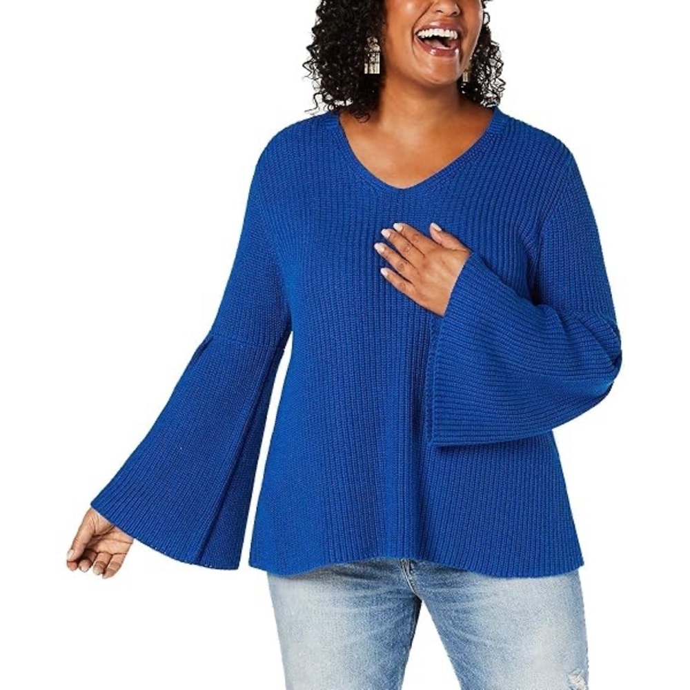 Style & Co Bell Sleeve Sweater Royal Blue V Neck Ribbed Knit Tunic Cotton Medium